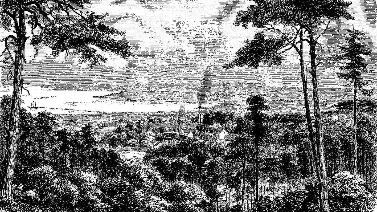 Frederiksværk omkring 1860, med værksbygninger og skorstene langs kanalen.